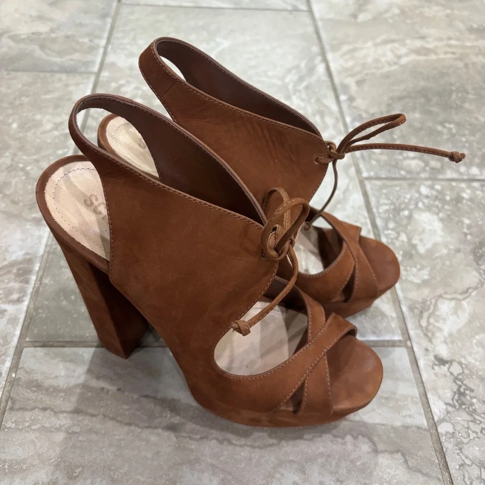 Schutz Tan Suede Platform Sandals Block Heel Lace Up Slingback Heels Sz 9.5B‎